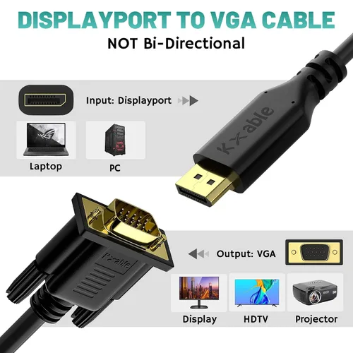 Vista 3 de Cable DisplayPort a VGA de 25 pies, cable adaptador DP a VGA, puerto de pantalla a VGA macho a macho, cable convertidor chapado en oro, 1080P @60Hz