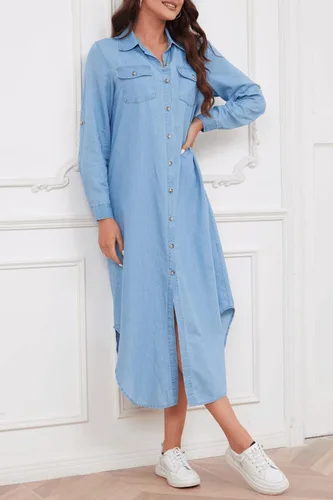 Vista 3 de Vestido camisero midi de mezclilla de manga larga para mujer