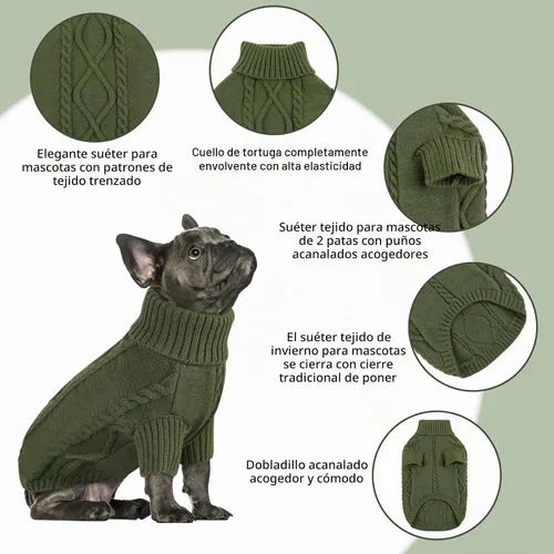 Vista 3 de Queenmore - Suéter de punto trenzado con cuello alto para perros pequeños, para climas fríos, para chihuahua, bulldog, teckel, carlino y yorkie, XS