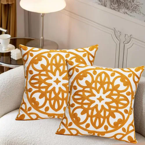 Vista 9 de Juego de 2 fundas de almohada decorativas bordadas, estilo bohemio, lona de algodón, para patio, sofá, sala de estar, 18 x 18 pulgadas