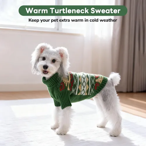 Vista 4 de PUMYPOREITY Suéter de vacaciones para perro, acogedor suéter de invierno, ajuste elástico, cuello alto, tema de Navidad para perros pequeños y Verde