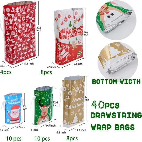 Vista 2 de YALTOON 40 bolsas de regalo de Navidad con cordones de varios tamaños, bolsas de Navidad para envolver regalos, regalos de vacaciones 40P Tamaños