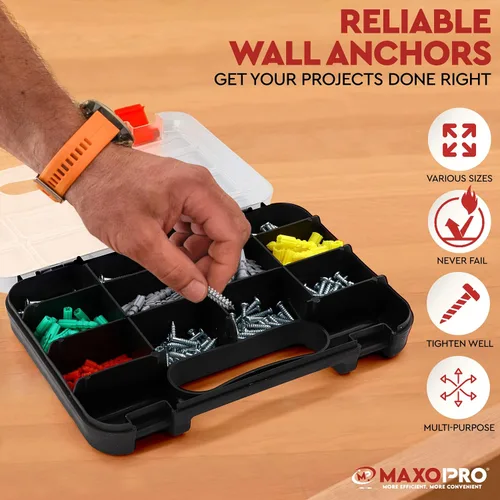 Vista 2 de Kit de anclajes y tornillos para paneles de yeso - Kit de anclajes de pared secos de plástico de 370 piezas - Anclajes de pared y tornillos