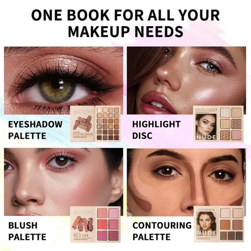 Vista 2 de Paleta de maquillaje, sombra de ojos, resaltador, rubor y contorno, juego de paleta de maquillaje plegable estilo libro de 4 capas, brillo metálico