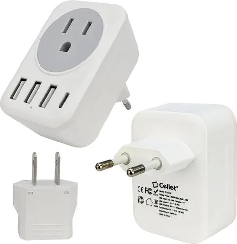 Vista 3 de Adaptador de enchufe de viaje europeo USB C, adaptador de enchufe internacional Cellet con 1 salidas de CA y 4 puertos USB, cargador adaptador