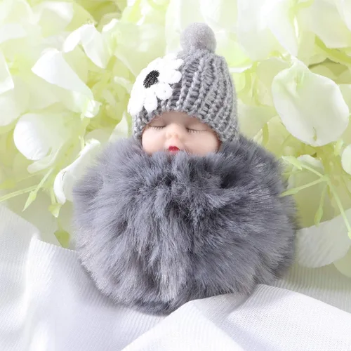 Vista 5 de Garneck Doll Pom Pom Llavero lindo mullido bebé muñeca llavero pompón mujeres coche llavero cartera bolsa teléfono colgante bolsa encanto gris