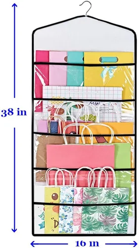 Vista 4 de ProPik Organizador de almacenamiento colgante de doble cara para bolsas de regalo con múltiples bolsillos delanteros y traseros, organiza tu papel