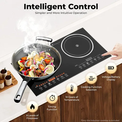 Vista 3 de Cocina de inducción eléctrica – Portátil de 2200 W, 8 niveles de cocina eléctrica de inducción dual para encimera, quemador doble apto para hierro