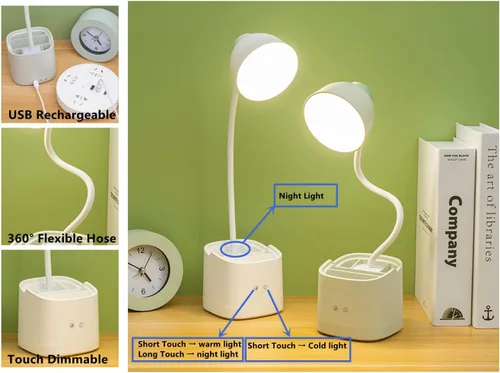 Vista 3 de Fantasee Lámpara LED de escritorio, 3 modos de iluminación, regulable al tacto, 9 de brillo, lámpara de mesa con batería recargable con soporte