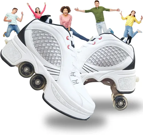 Vista 26 de Zapatos de patinaje convertibles para hombres y mujeres, zapatos de paseo automáticos para niños y adultos, patines con doble fila de ruedas, ruedas