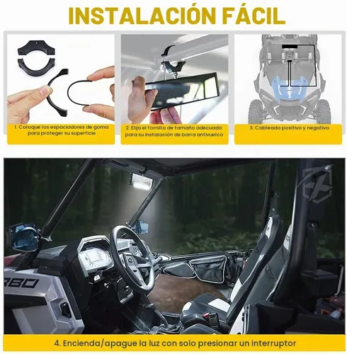 Vista 5 de Xprite 9" Espejo retrovisor central UTV con luces interiores y interruptor basculante, espejos retrovisores de aluminio se ajusta a 1.75"-2
