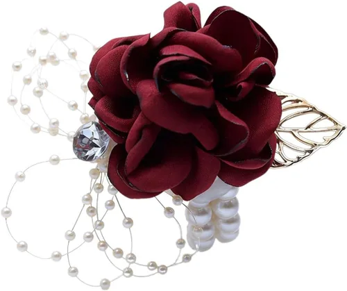 Vista 6 de Ramillete de muñeca para dama de honor para niña, flor de muñeca de seda nupcial con cuentas de perlas de imitación, pulsera elástica de hoja de oro