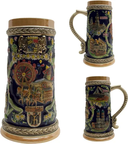 Vista 3 de Essence of Europe Gifts Taza grande de jarra de cerveza de 1 litro pintada a mano grabada Munich Alemania Oktoberfest Beer Stein Beer Stein Tazas