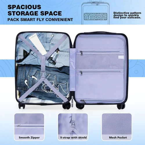 Vista 6 de Krute Equipaje de mano con compartimento de bolsillo ABS PC Hard Shell Maletas con ruedas, Azul marino