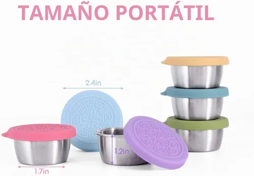 Vista 5 de Recipiente Para Aderezo De Ensalada Para Llevar, 6x1.6oz Recipientes De Salsa De Aderezo Para Lonchera, Recipientes Pequeños De Condimentos De Acero