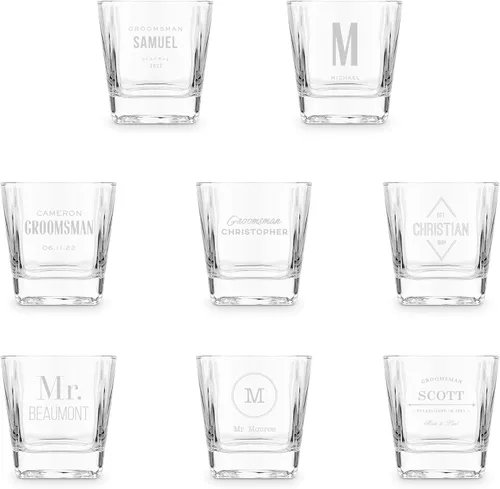 Vista 3 de WEDDINGSTAR Vaso de whisky cuadrado personalizado 8oz grabado personalizado - Monograma Sans Serif
