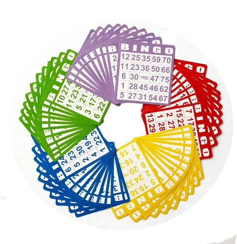 Vista 5 de Juego de cartas de bingo Yuanhe - Incluye 50 tarjetas de bingo y 500 fichas de bingo transparentes y coloridas, para juegos de bingo