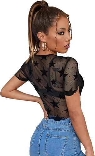 Vista 2 de SheIn Camiseta de manga corta con estampado de malla transparente para mujer