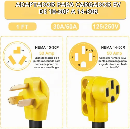 Vista 6 de Cable Adaptador de Cargador EV Compatible con NEMA 10-30P a 14-50R, 30 Amperios 3 Clavijas de Secadora a 50 Amperios 4 Clavijas EV para Carga Tesla