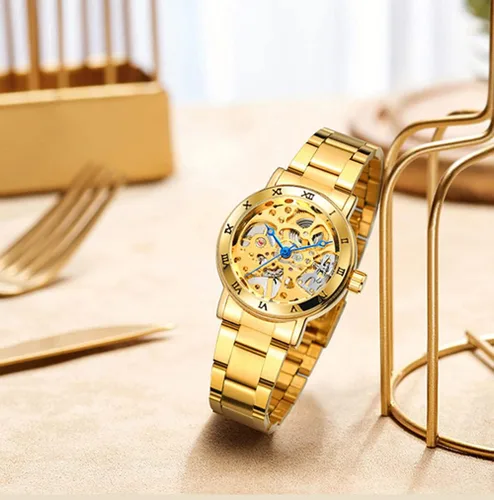 Vista 3 de SENRUD Reloj mecánico de viento para mujer, correa de acero completa, impermeable, esqueleto de moda, reloj de pulsera para mujer