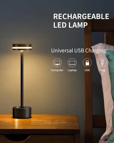 Vista 9 de PUSU Juego de lámparas de mesa inalámbricas de 2 unidades, lámpara de escritorio LED portátil con batería, luces de mesa de 3 niveles de brillo