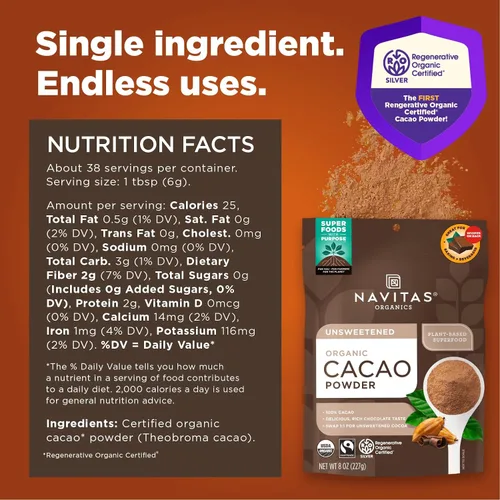 Vista 2 de Navitas Organics - Cacao en polvo - Sustituto de cacao en polvo 1:1, para chocolate caliente, horneado y más - Certificado orgánico regenerativo