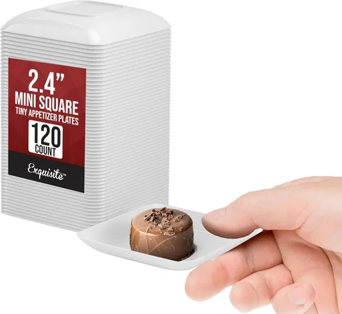 Vista 13 de Exquisite Mini platos de postre pequeños, paquete de 120 platos desechables negros de 2.4 x 2.4 pulgadas, pequeños de plástico sin BPA para bodas