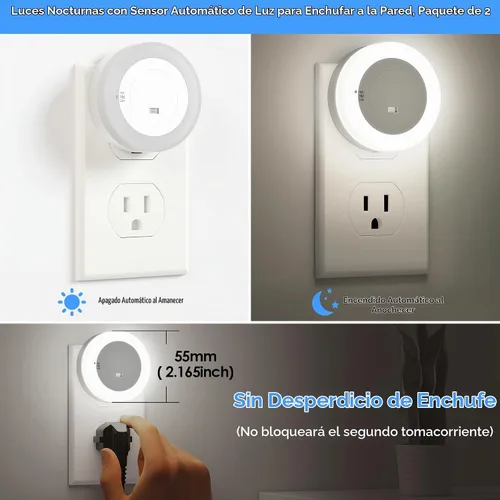 Vista 3 de FOLKSMATE - Luz nocturna LED, luz nocturna regulable con sensor de atardecer a amanecer para enchufe, para baño, dormitorio, habitación de adultos