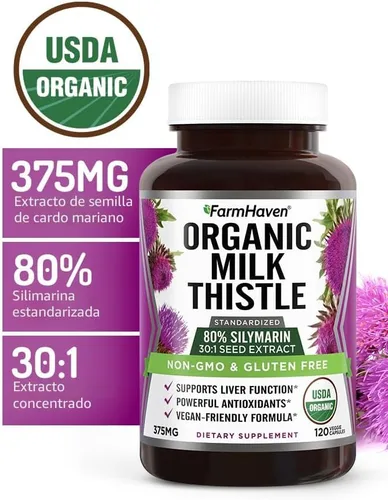 Vista 3 de FarmHaven Cápsulas de Cardo Mariano Orgánico USDA Extracto de Semilla Concentrado 30X y 80% de Silimarina Estandarizada - Apoya la Función