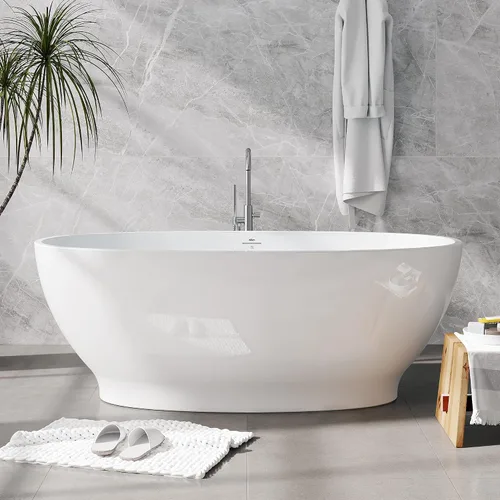 Vista 29 de FerdY Tahití - Bañera de acrílico independiente de 55 pulgadas, elegante bañera de remojo de forma ovalada, blanco brillante, drenaje dorado