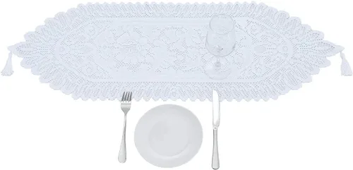 Vista 3 de rockcloud Camino de mesa de encaje para decoración de banquetes de boda, decoración de mesa de fiesta de Navidad, blanco, 13 x 35 pulgadas