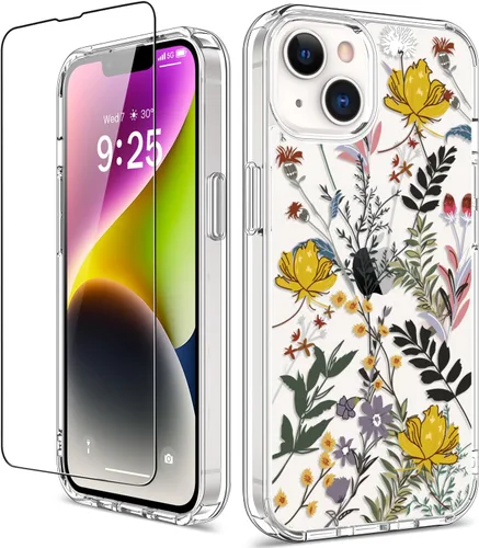 Vista 12 de Funda para iPhone 14 Pro con protector de pantalla, 6.1 pulgadas, transparente de cuerpo completo, a prueba de golpes, diseño floral, para niñas