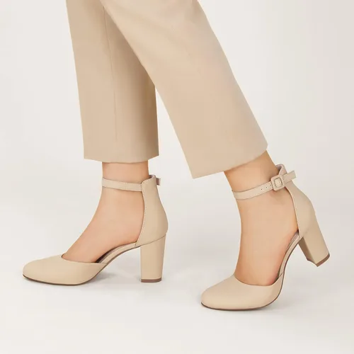 Vista 4 de Ankis Tacones cerrados para mujer, negro, nude, blanco, plateado, dorado, tacones cerrados con punta redonda y bloque grueso, 3 pulgadas