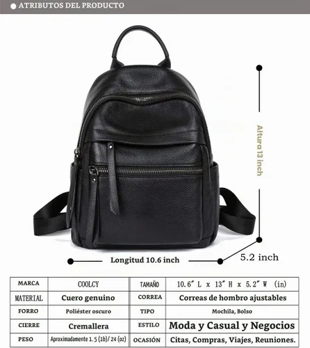 Vista 3 de COOLCY Mochila de cuero genuino para mujer, mochila multifuncional elegante para mujer (negro) pequeño