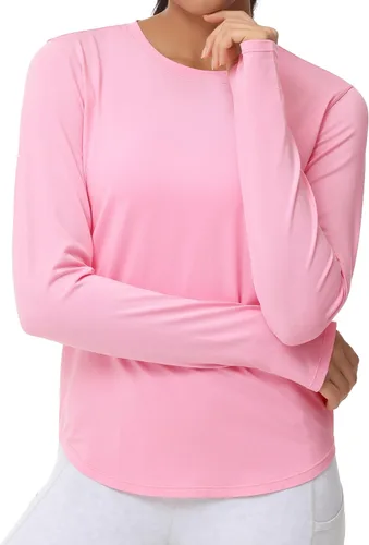 Vista 2 de THE GYM PEOPLE Camisas de entrenamiento de manga larga para mujer, atléticas, cuello redondo, senderismo, con agujero para el pulgar