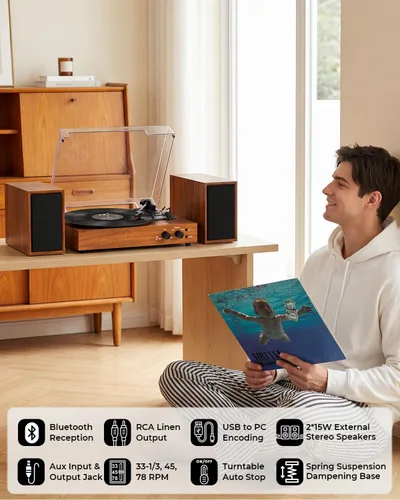 Vista 5 de Tocadiscos de vinilo vintage con altavoces estéreo externos, tocadiscos de 3 velocidades con entrada Bluetooth, grabación USB a PC, parada