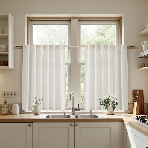 Vista 6 de Nanspring Cortinas color crema de 30 pulgadas de largo para cocina, mezcla de lino, semitransparentes, pestaña trasera y bolsillo para barra, filtro