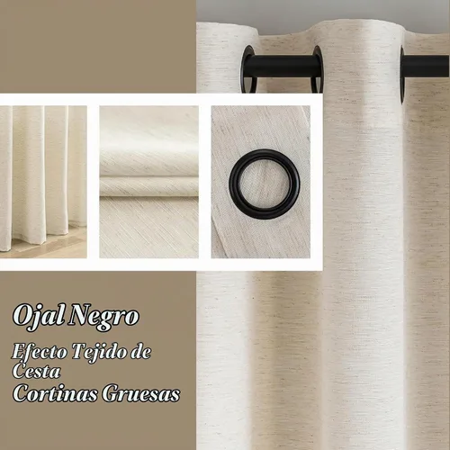 Vista 4 de Cortinas de lino natural de 96 pulgadas de largo, 2 paneles para sala de estar, cortinas de lino semitransparentes con ojales negros, cortinas
