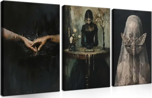 Vista 10 de Juego de 3 lienzos góticos para pared, diseño de rosas románticas de Halloween, decoración de pared, pósteres de calavera de cuervo gótico oscuro