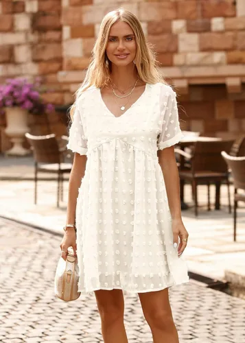 Vista 3 de KIRUNDO Vestido corto de manga corta de verano para mujer, vestido casual, suelto y con un cuello en V sexy, vestido holgado de punto suizo