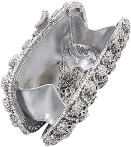 Vista 6 de Boutique De FGG Bolso de mano de cristal de calavera para mujer, bolso de mano de noche con diamantes de imitación, para fiesta, graduación