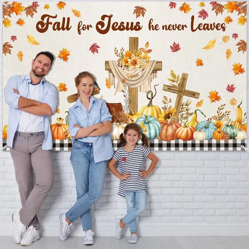 Vista 4 de Harloon Decoración de pancarta de otoño para Jesús, decoración de calabaza de Acción de Gracias, telón de fondo de fiesta de otoño, Acción