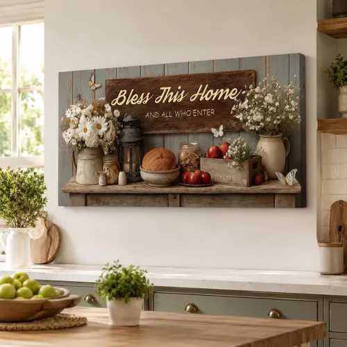 Vista 33 de TIMUBA Decoración de pared de cocina de granja, arte de pared de cocina con texto en inglés "Bless This Home and All Who Enter Kitchen Blessing