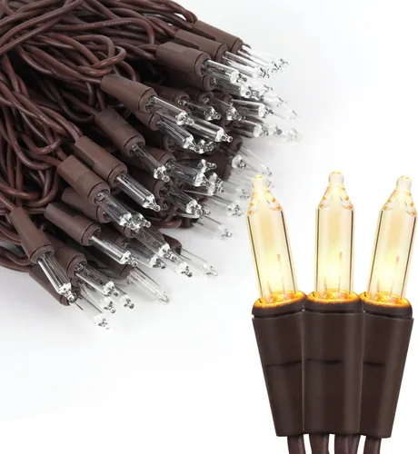 Vista 6 de Cadena de luces navideñas marrones con cable blanco, 100 mini bombillas incandescentes, impermeables, para interiores y exteriores, decoración