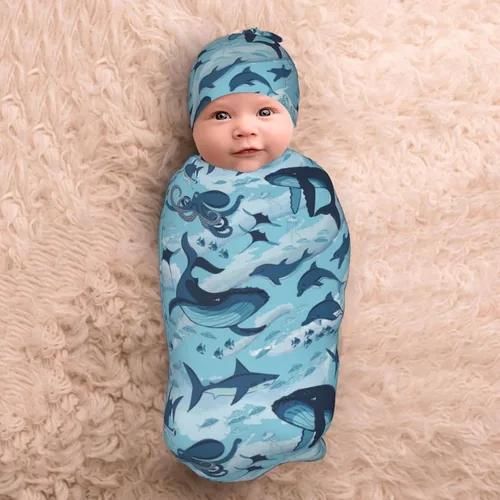 Vista 2 de Manta envolvente para recién nacido, con diseño de delfines, tiburones, ballena, pulpo, manta suave con gorro, regalos para niños y niñas