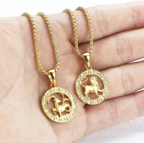 Vista 5 de Hermah Collar con colgante de signo del zodiaco chapado en oro para mujeres y hombres Leo AriesConstellation Horoscope Colgante de acero inoxidable