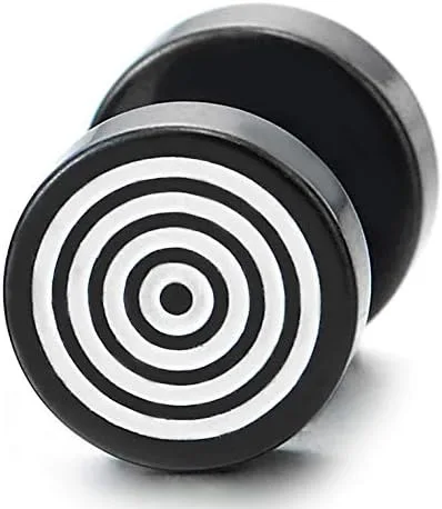 Vista 2 de 2 aretes de acero para hombre y mujer, diseño de remolino negro con esmalte blanco, tapones falsos para los oídos, Metal Acero aleado, no aplica