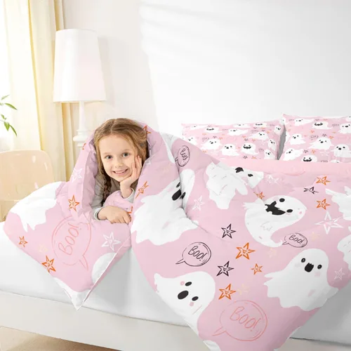 Vista 7 de Feelyou Juego de edredón de Halloween, color rosa fantasma, juego de ropa de cama tamaño individual, decoración para niños y niñas, lindo juego