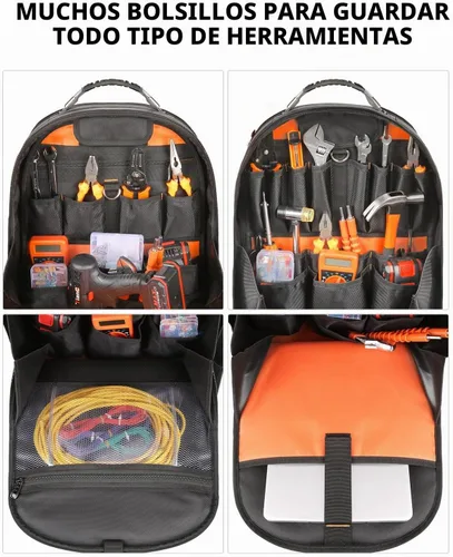 Vista 5 de Mochila de herramientas con compartimento para portátil, bolsa de herramientas completamente abierta, bolsas de herramientas HVAC, mochila