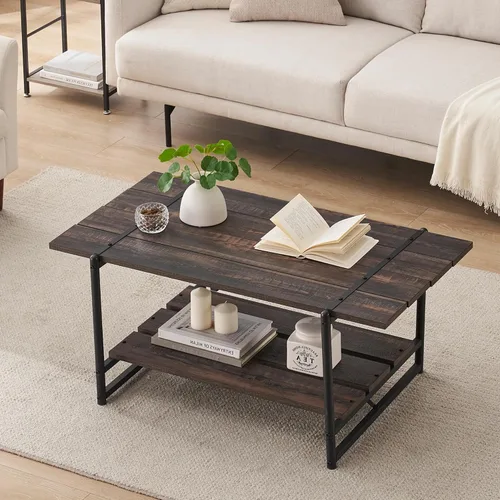Vista 4 de Mesa auxiliar para sala de estar, mesas de sala de estar de 2 niveles, mesa de centro moderna para sala de estar, mesa de centro de madera